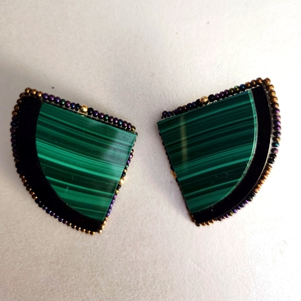 Chipita by Joan Eagle, Amazing Vintage Malachite & Onyx Handcrafted Earrings